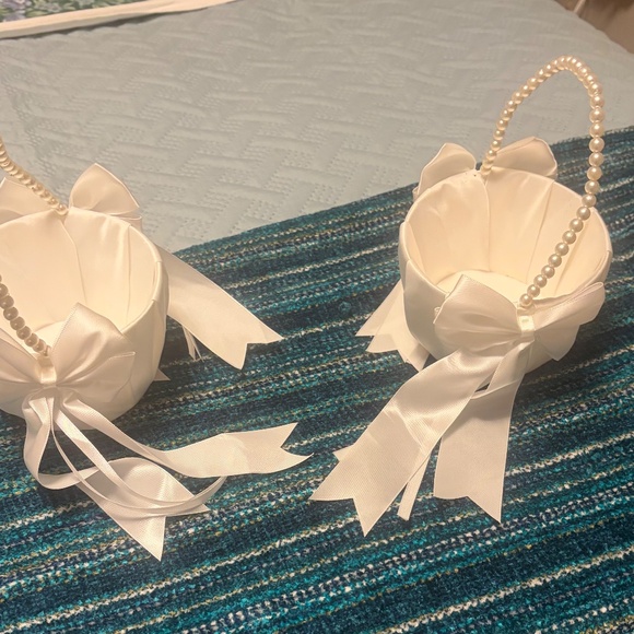 Two Flower Girl White Satin Baskets - Picture 6 of 8